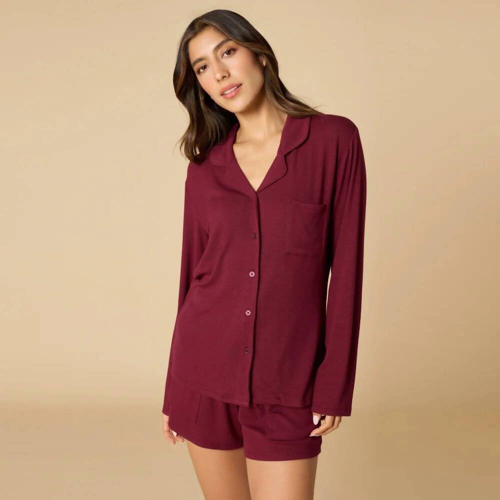 NEW SOFTIES aria- slim notch collar long sleeve short set in cherry cola